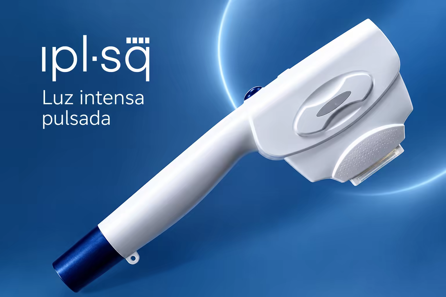 Ponteira branca de luz intensa pulsada IPL-SQ sobre fundo azul.